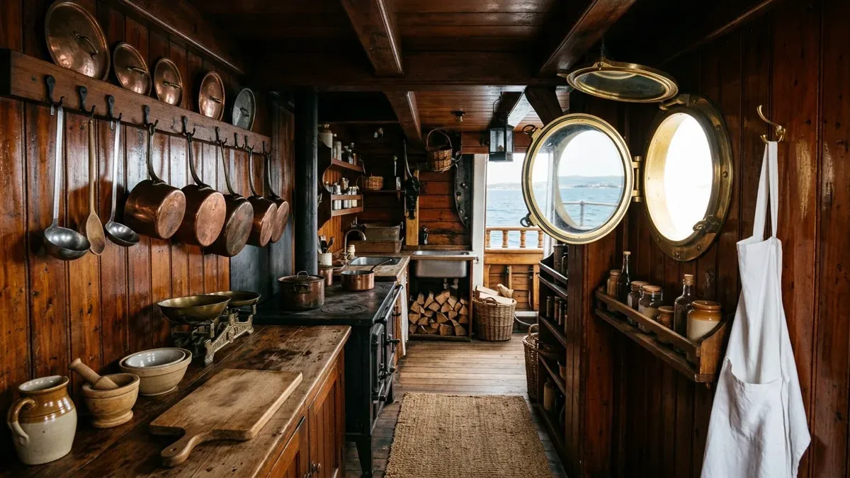 Cocina de un barco antiguo con ollas de cobre colgadas y un ojo de buey, sin personas