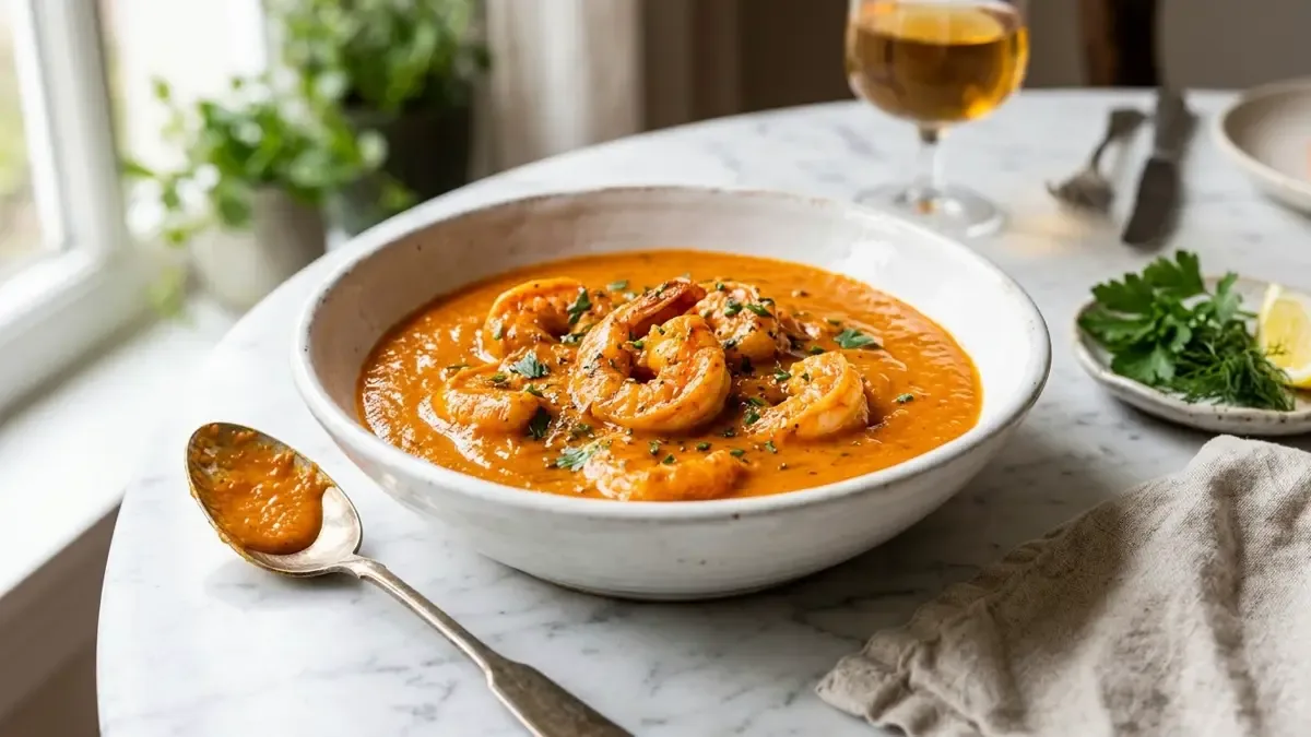 Salsa americana espesa con trozos de langostino en un bol de cerámica sobre mármol