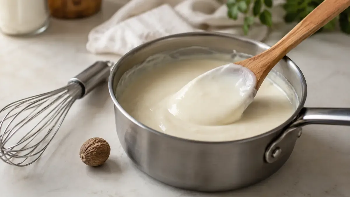 Cacerola con salsa blanca sedosa napando una cuchara de madera
