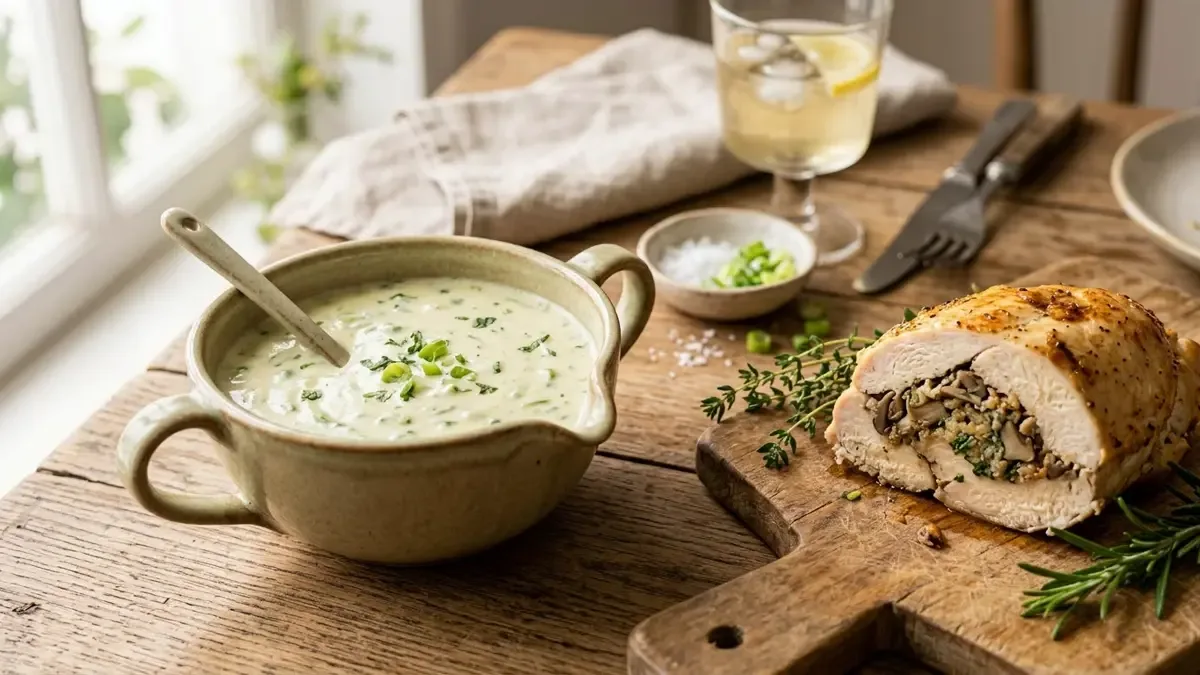 Salsa cremosa de verdeo junto a un pollo relleno cortado sobre una tabla de madera