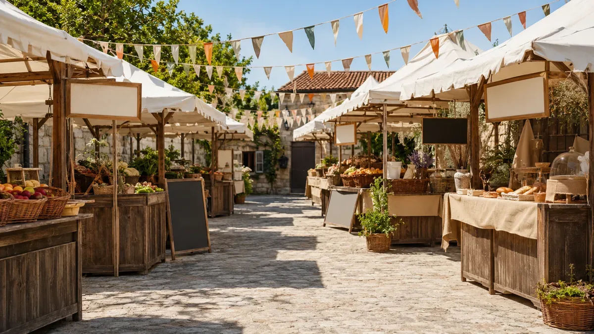 Puestos de madera de una feria gastronómica decorados con productos regionales, sin personas