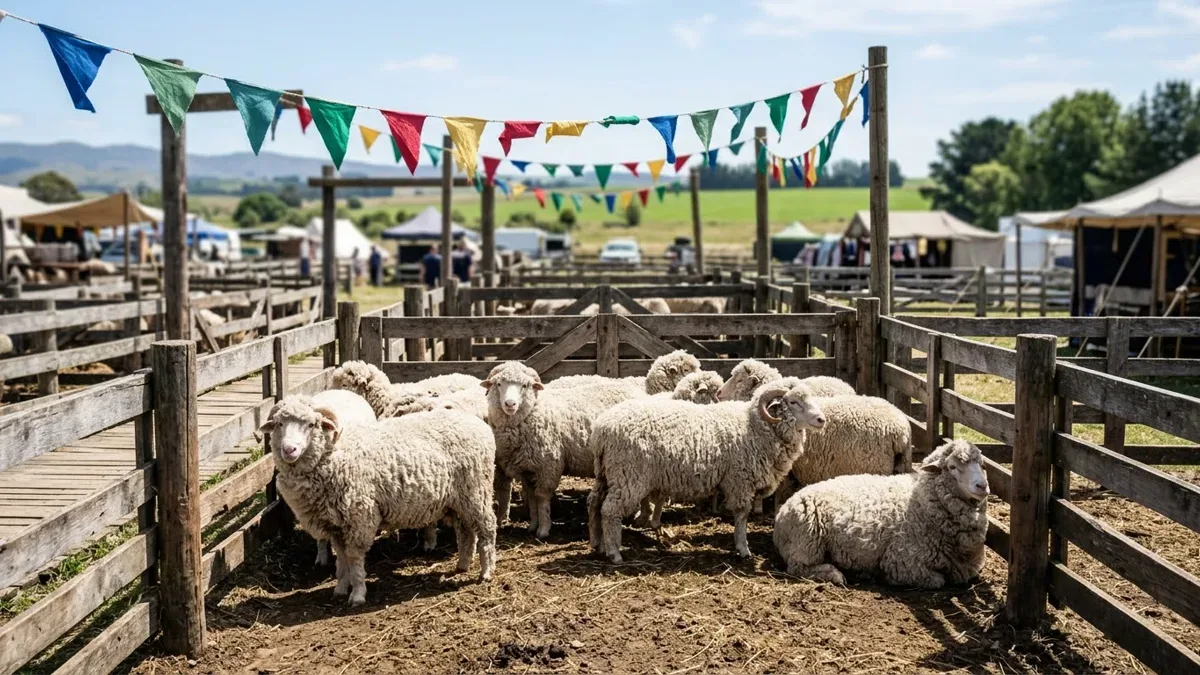 Corral de madera con ovejas de lana blanca en una exposición rural al aire libre, sin personas