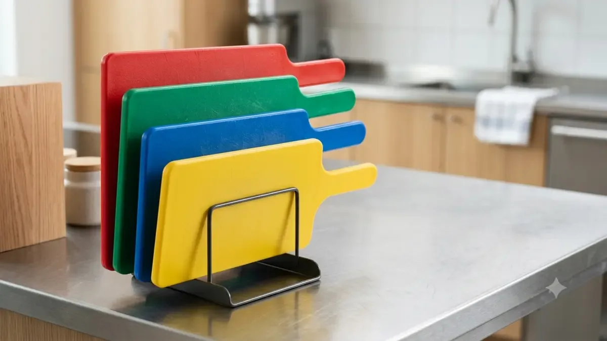 Cuatro tablas de corte de colores apoyadas en un soporte