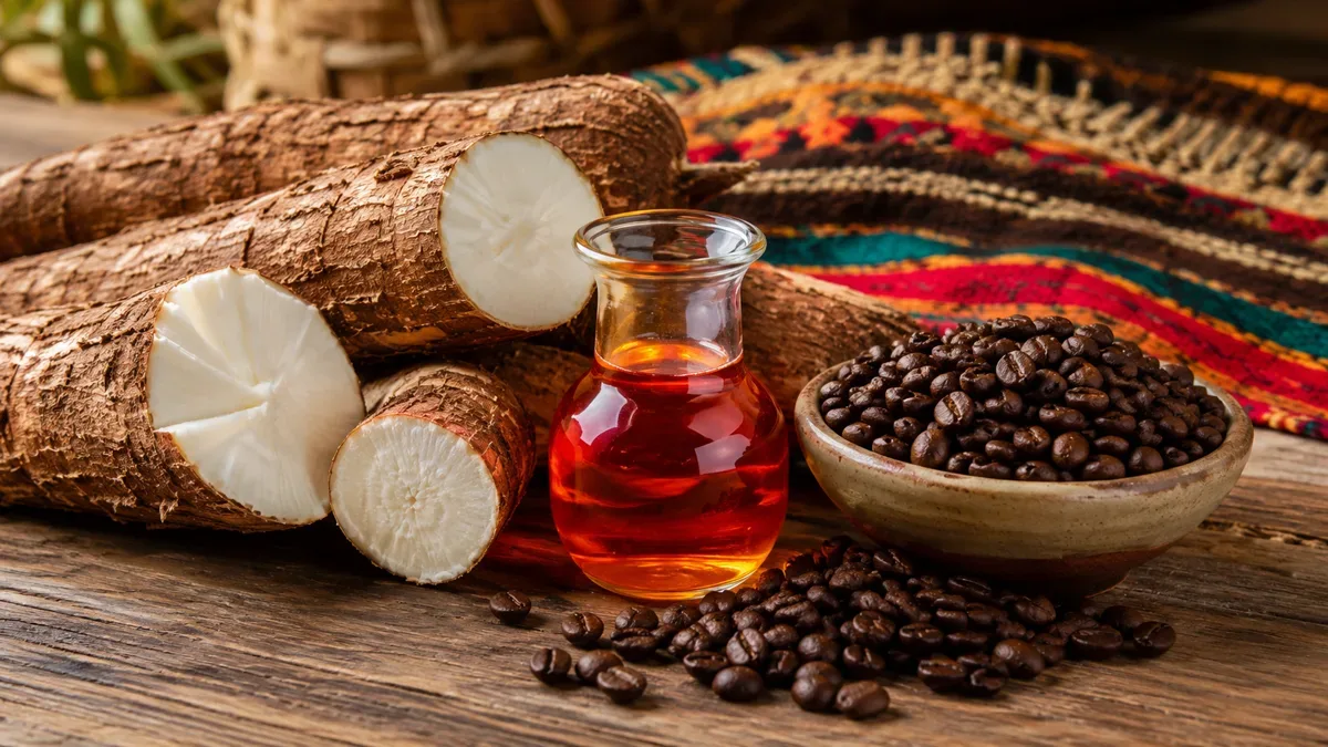 Ingredientes típicos de la cocina brasileña como mandioca y dendê agrupados sobre una mesa de madera, sin personas