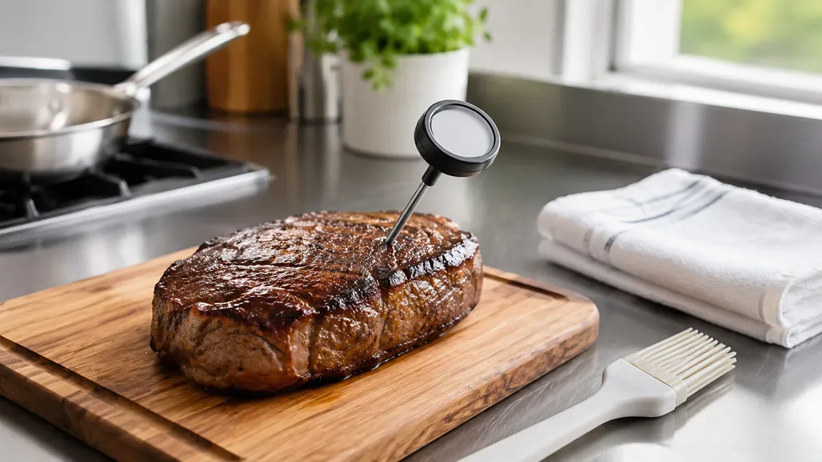 Termómetro de cocina insertado en un corte de carne sobre una tabla, junto a utensilios de higiene, en una cocina
