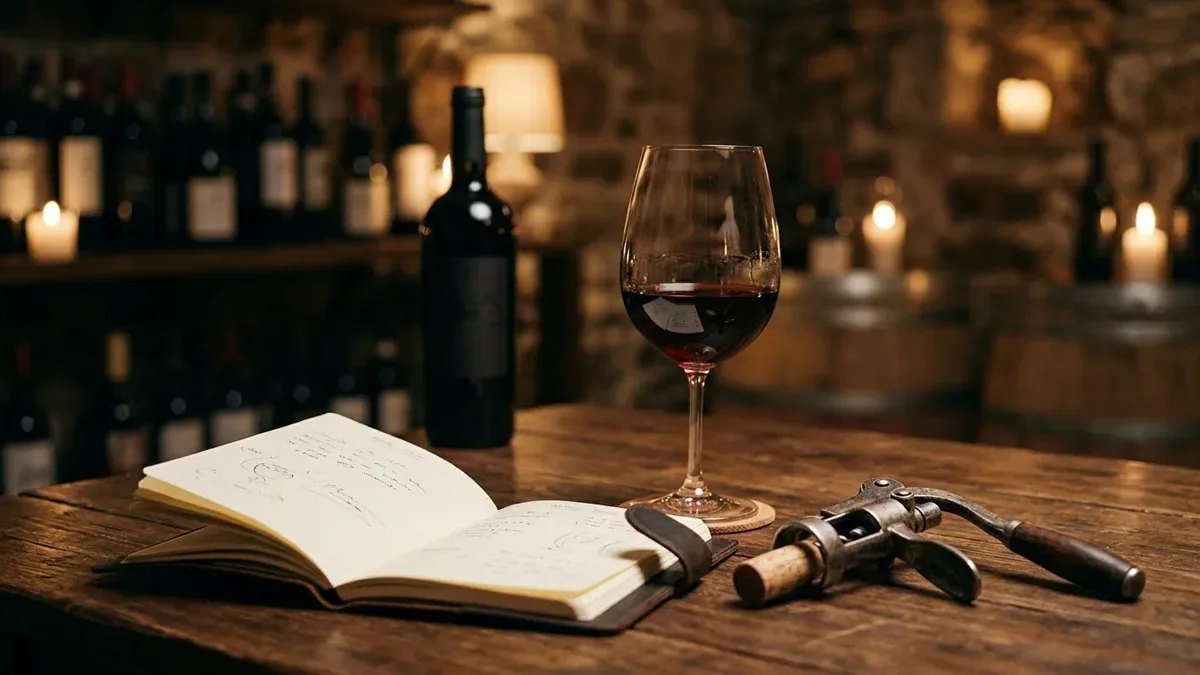 Copa de vino tinto junto a una libreta de notas de cata sobre una mesa de madera, sin personas