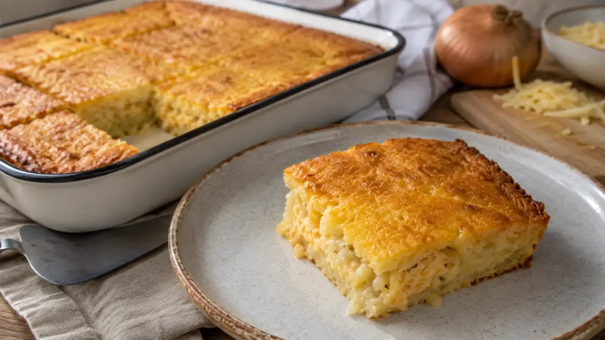Sopa paraguaya cortada en cuadrados con una porción servida