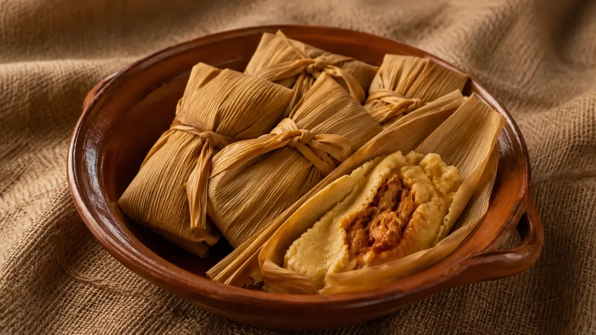 Fuente de barro con tamales en chala y uno abierto mostrando el relleno