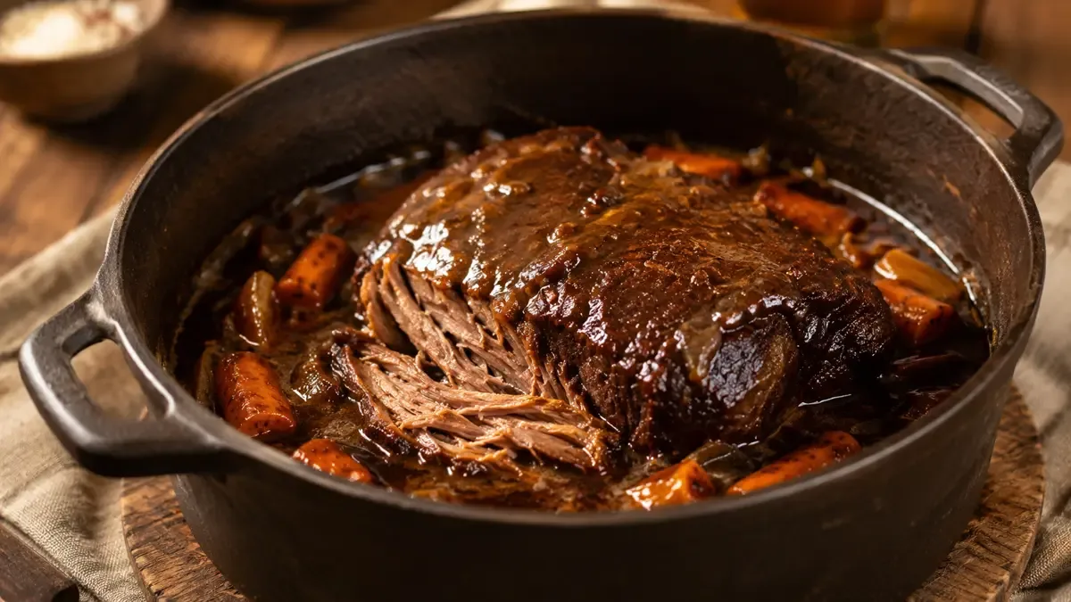 Cacerola con tapa de asado braseada en salsa oscura con verduras