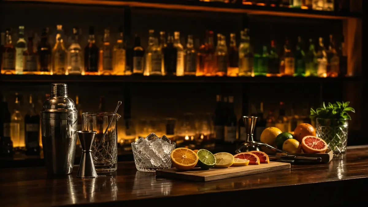 Barra con coctelera, jiggers, cítricos cortados y hielo preparados