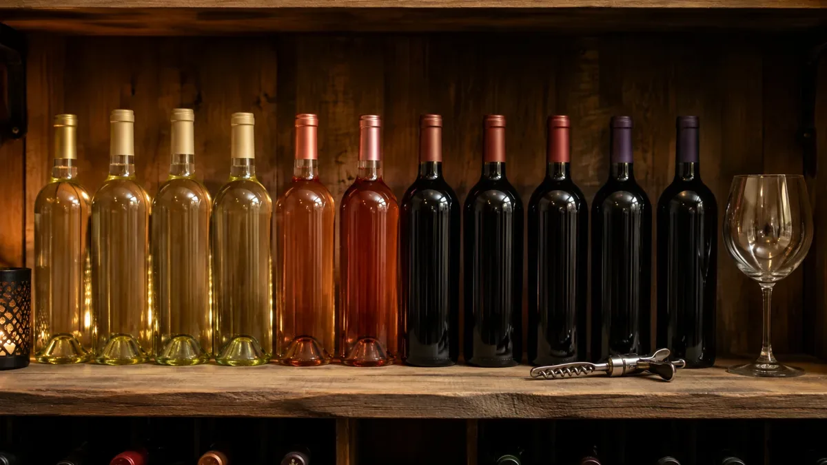 Botellas de vino de distintas variedades ordenadas en una repisa de madera, sin personas