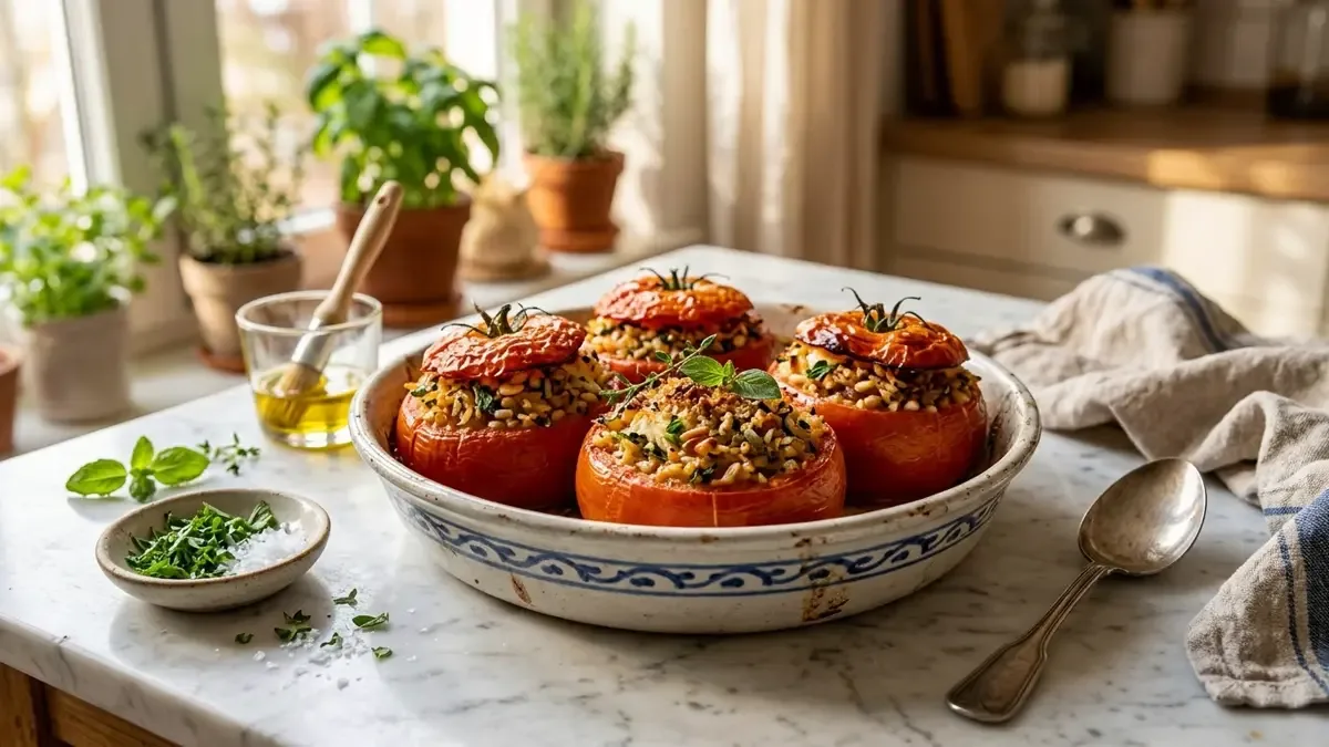 Tomates mediterráneos rellenos y dorados al horno en una fuente de cerámica sobre mármol