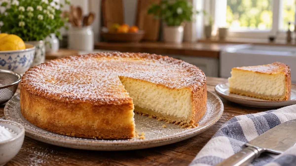 Torta de ricota casera sobre masa dulce, con la superficie lisa sin rajaduras y azúcar impalpable, con una porción cortada