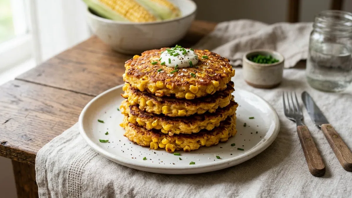 Tortitas de maíz doradas y crocantes apiladas sobre un plato de loza con mesa de madera al fondo