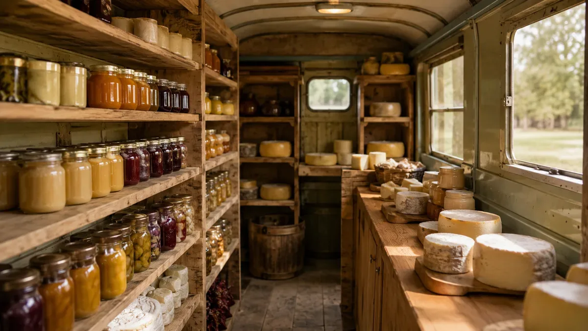 Interior de un almacén sobre ruedas con estantes de madera llenos de productos regionales, sin personas