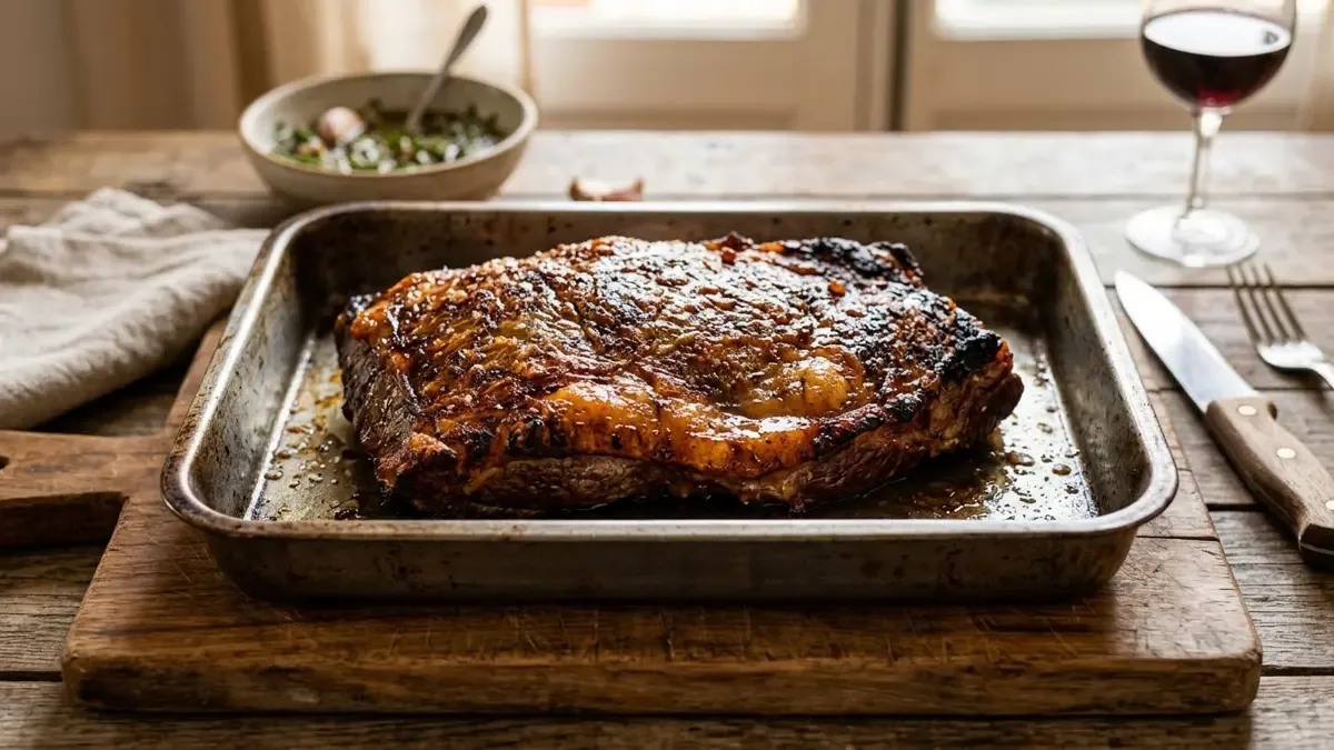 Vacío de carne asado al horno lento, entero y dorado, en una fuente de metal sobre una tabla de madera