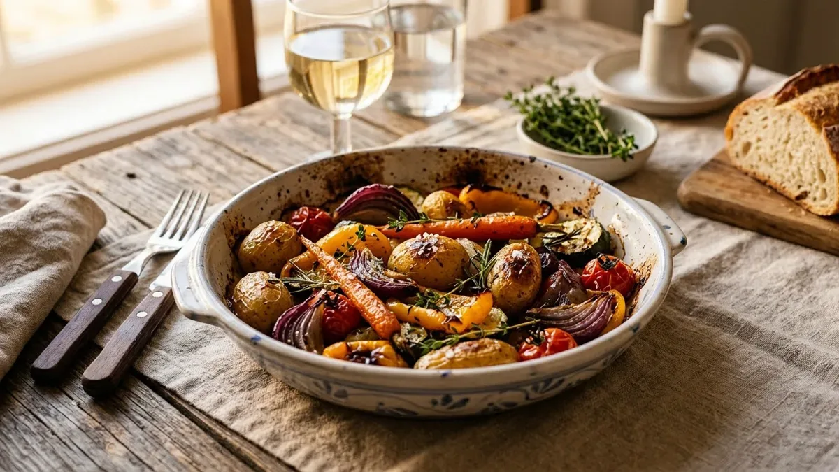Verduras variadas asadas al horno en una fuente de loza, con mesa de madera y mantel de algodón al fondo