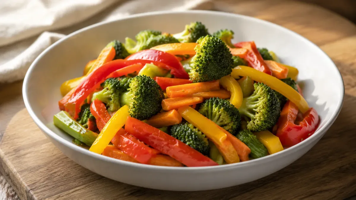 Verduras coloridas salteadas al wok servidas en un plato hondo de loza sobre mesa de madera