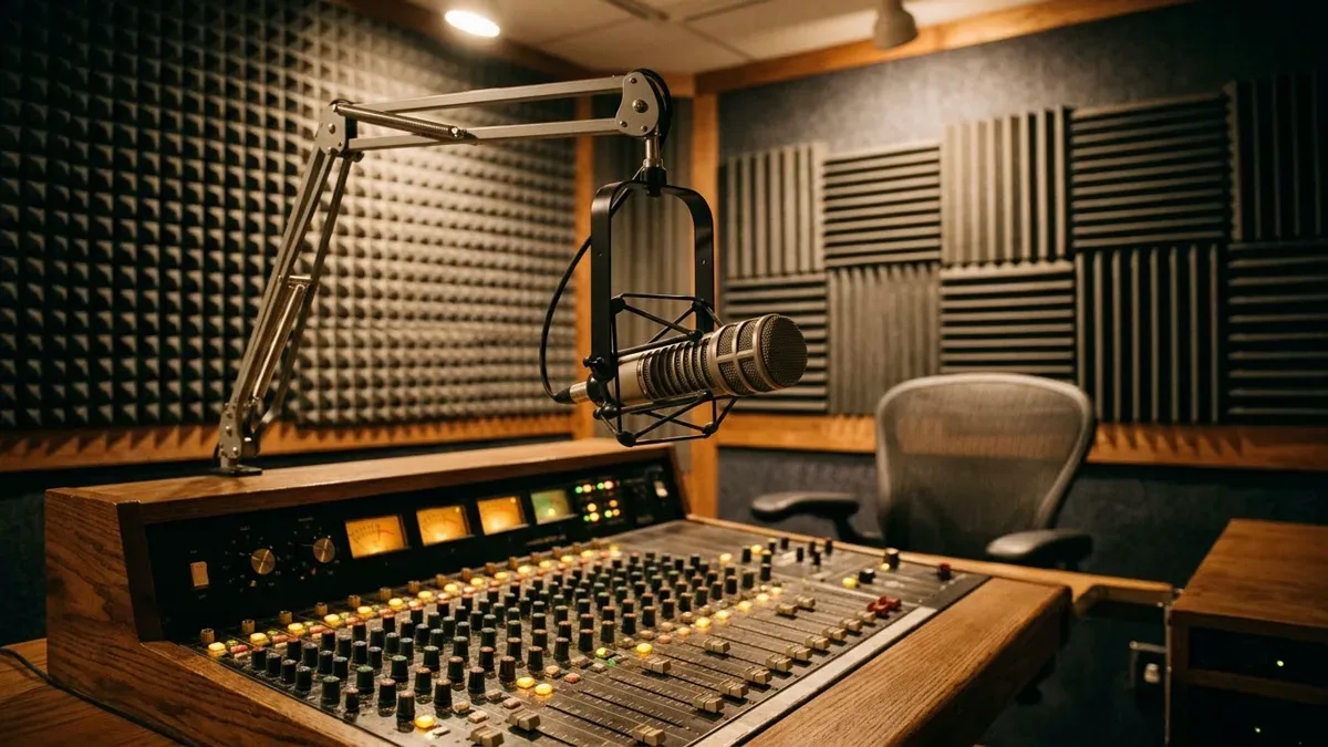 Micrófono de radio vintage sobre una consola de sonido con luces encendidas, en un estudio vacío