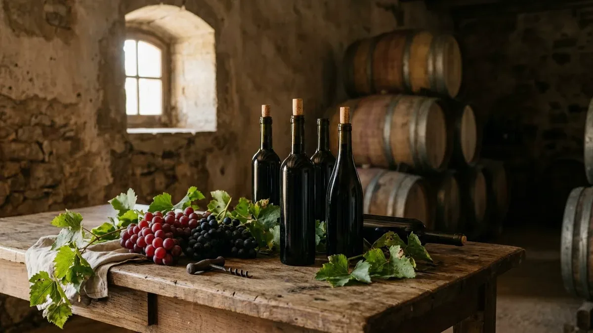 Botellas de vino oscuras junto a racimos de uva y hojas de vid sobre una mesa de madera rústica