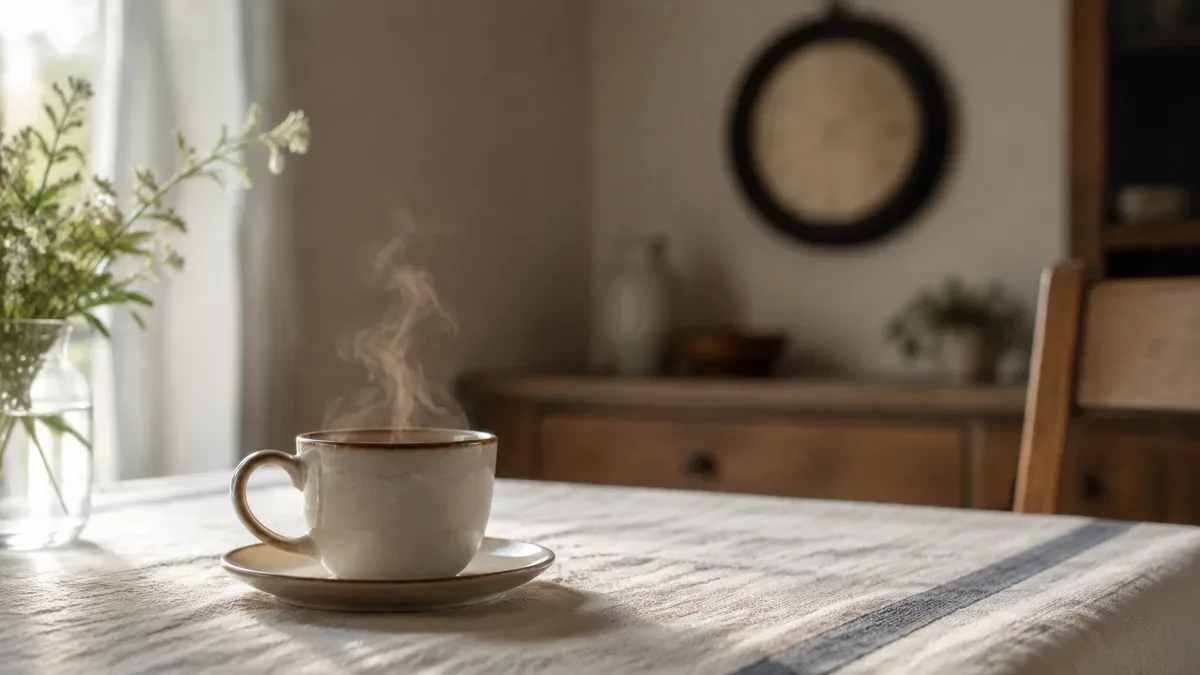 Taza de café humeante junto a un reloj antiguo sobre una mesa de madera, en una cocina en calma sin apuro