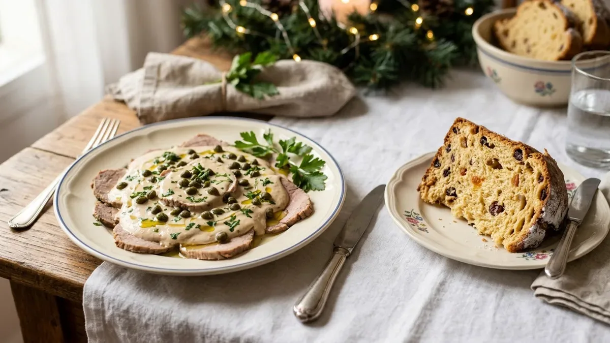 Fetas de vitel thoné bañadas en salsa junto a una porción de pan dulce navideño sobre mesa festiva de madera