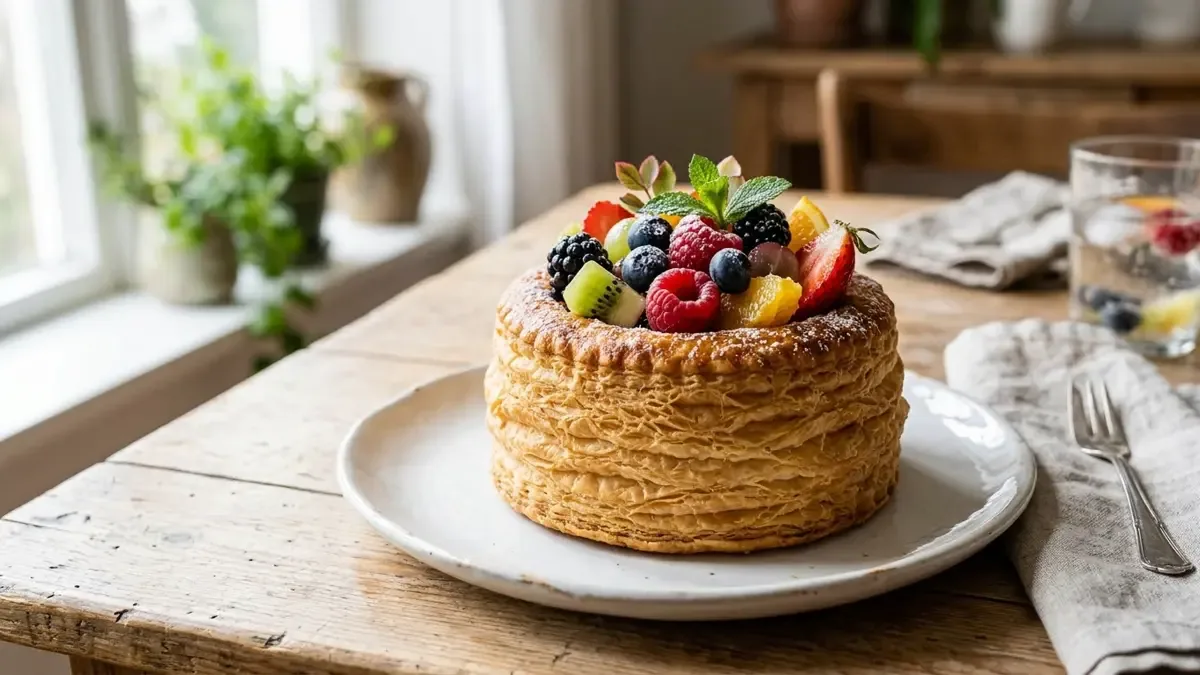 Vol-au-vent de hojaldre dorado relleno con frutas de estación sobre una mesa de madera con luz natural