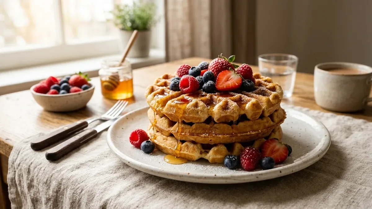 Pila de waffles dorados con miel y frutos rojos, servidos en un plato de loza sobre mesa de madera