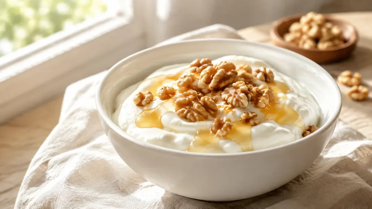 Bowl de yogur griego casero con miel y nueces, sobre una mesa de madera con mantel de algodón
