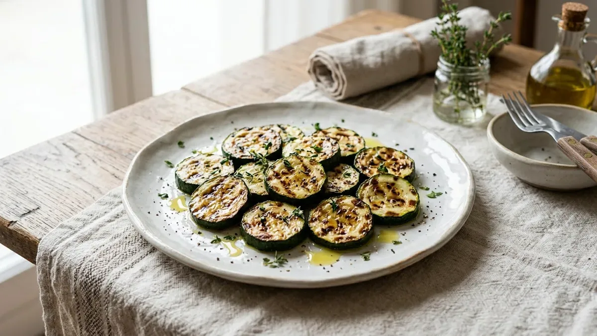Rodajas de zucchini grilladas con marcas doradas, servidas en un plato de loza sobre mesa de madera